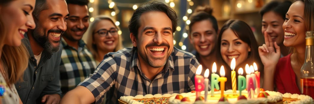 A group of friends surrounds a man celebrating his birthday. They joyfully sing while he prepares to blow out candles on a brightly decorated cake. The atmosphere is lively and festive.