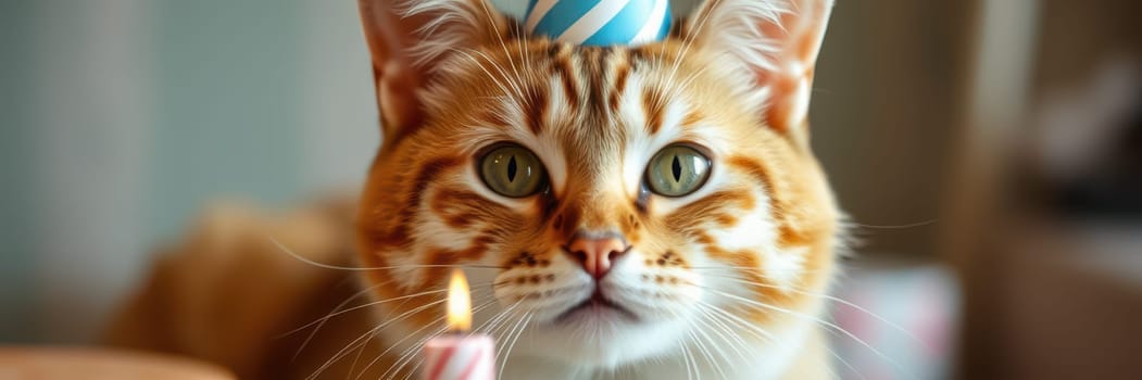 A playful orange cat wearing a party hat sits at a table decorated for a birthday celebration. A small cake with a lit candle is nearby, creating a festive atmosphere.