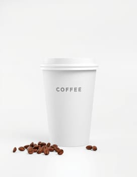 A white coffee cup labeled coffee sits upright next to a scattering of dark coffee beans on a smooth, light background. The simplicity emphasizes the rich aroma of the beverage.