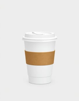 A simple white coffee cup with a brown cardboard sleeve is placed against a neutral background, inviting warmth and comfort for a chilly morning drink.
