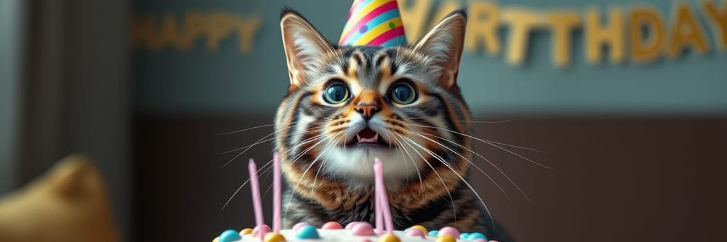 A joyful cat wearing a party hat sits in front of a decorated birthday cake, surrounded by colorful decor. The room is cheerful, capturing the spirit of celebration.