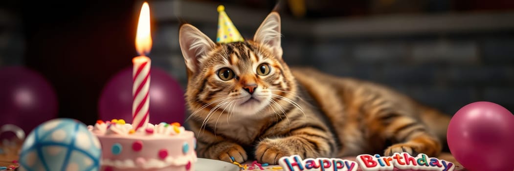 A tabby cat wearing a party hat lounges at a birthday celebration. Colorful balloons and a cake adorn the table, creating a festive atmosphere filled with joy.