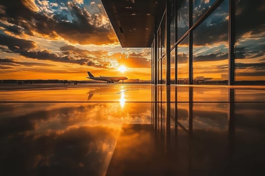 Captivating view at an airport terminal during sunset, showcasing stunning reflections on the floor with a solitary airplane silhouetted against a vibrant sky.