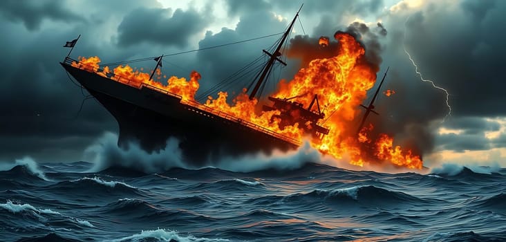 A grand ship ablaze battles stormy seas under a lightning-streaked sky. Flames engulf the vessel, its masts stark against the fiery glow, creating a dramatic scene of peril and chaos.