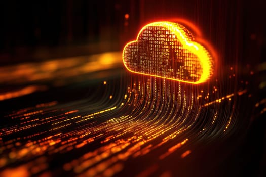 This image represents a futuristic view of cloud computing, featuring a vibrant orange cloud symbol surrounded by streaming binary data, illustrating digital technology.