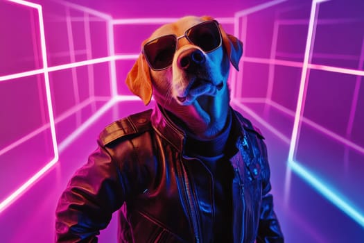 A fashionable dog wearing sunglasses and a leather jacket, posing confidently in a vibrant neon-lit environment. A playful and unique image.