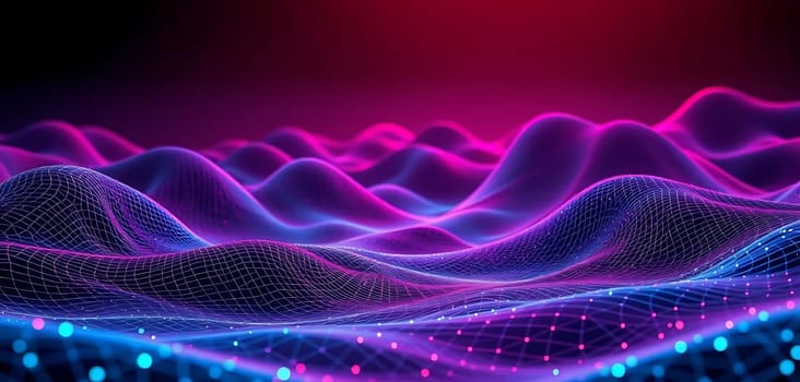 A mesmerizing digital landscape unfurls, with neon pink and blue waves dancing on a dark backdrop. The futuristic scene evokes a sense of technological wonder, as glowing particles drift beneath the undulating grid.