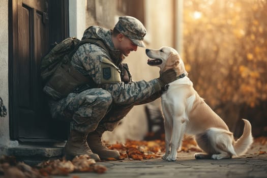 A heartwarming scene captures a soldier kneeling down, sharing a tender moment with a friendly dog amidst an autumn backdrop, symbolizing loyalty and companionship in nature.