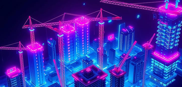 A futuristic cityscape buzzes with activity as neon-lit cranes construct towering skyscrapers. The vibrant, cyberpunk-inspired scene exudes an atmosphere of rapid technological advancement and urban growth. Glowing icons float amidst the structures, hinting at digital integration.