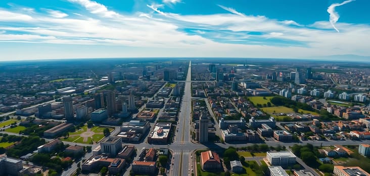A sprawling urban landscape stretches beneath a bright, partly cloudy sky. The city's main artery, a wide avenue, cuts through the heart, flanked by modern skyscrapers and lush green spaces. The mood is vibrant and bustling, with a mix of residential and commercial buildings showcasing the city's dynamic character.
