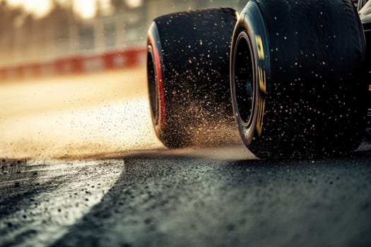 A dynamic close-up of race car tires throwing dirt on the track, capturing the thrill and energy of motorsport action. Perfect for racing enthusiasts.
