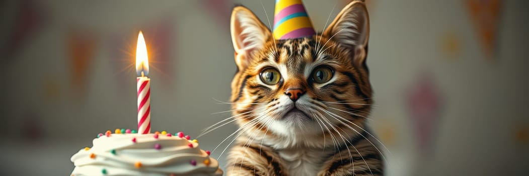 A kitten wearing a colorful party hat sits in front of a decorated cake with a lit candle. The festive atmosphere is enhanced by vibrant decorations in the background.