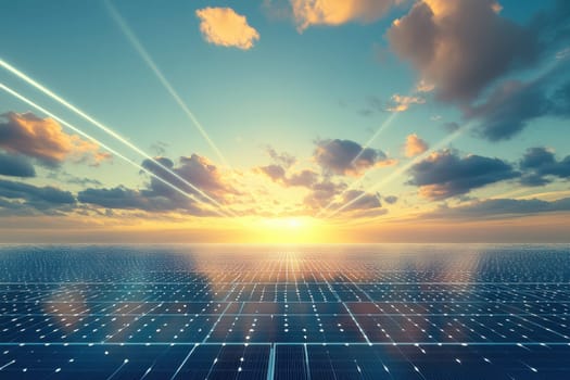 A breathtaking view of solar panels reflecting a vibrant sunrise, surrounded by calm ocean waters and dramatic clouds. Perfect for themes of sustainability.