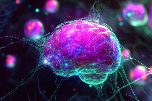 Stunning illustration of a brain with neon lights and cosmic effects, symbolizing creativity and imagination on a dark background, perfect for science and art themes.