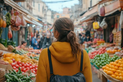 A woman with a ponytail in a yellow hoodie admires the colorful market stalls filled with fresh produce. The vibrant atmosphere and bustling crowd enhance the shopping experience.