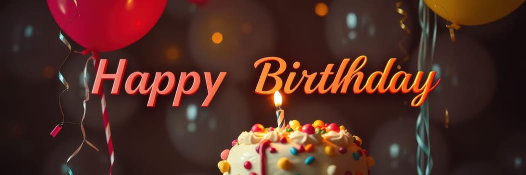 Bright balloons float above a decorated birthday cake topped with a candle. The atmosphere is festive, glowing with warm lights and surrounded by cheerful decorations for an evening celebration.