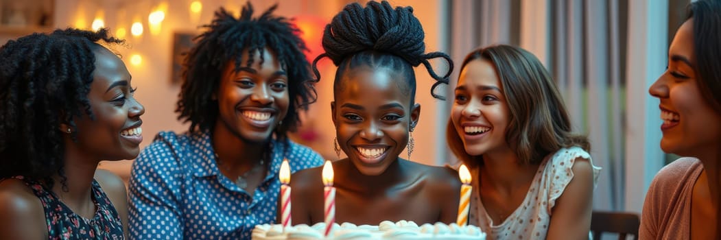 A group of friends enjoys a birthday celebration at home. They are smiling around a cake with candles lit, creating a warm and festive atmosphere filled with joy.
