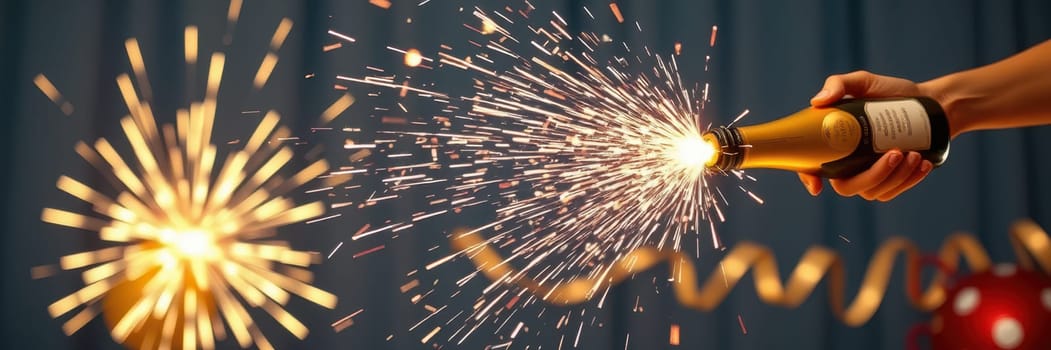 A hand joyfully pops a champagne bottle, sending sparkling liquid and golden sparks into the air. Colorful decorations and a festive atmosphere enhance the celebration.
