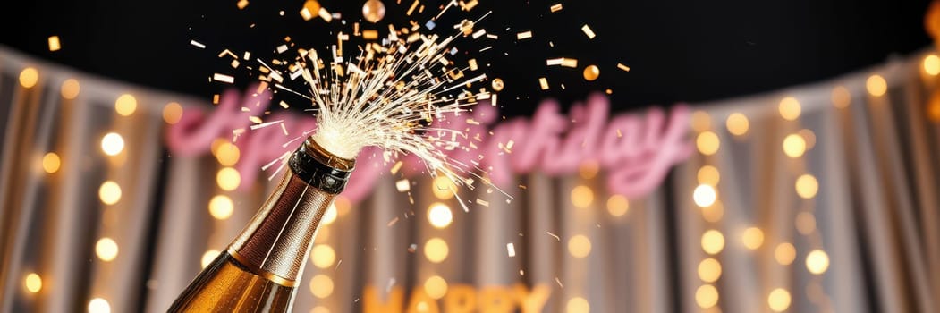 A champagne bottle bursts open, releasing a spray of bubbles in a festive atmosphere. Colorful lights and birthday decorations create a joyful vibe for the celebration.