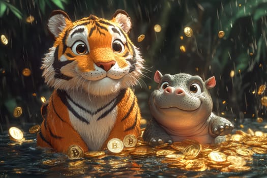 A charming illustration of a cartoon tiger and hippo enjoying a fun day in a lush jungle, surrounded by floating golden coins. The scene captures joyful moments of friendship and adventure.