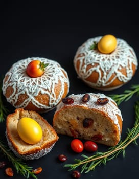Sweet baked goods topped with intricate icing designs and colorful chocolate eggs are arranged on a dark background, showcasing festive decorations. The scene captures the essence of celebration.