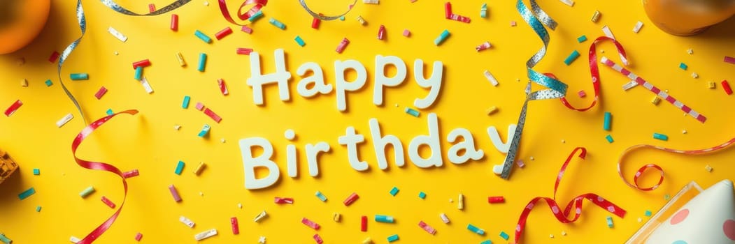 A vibrant yellow backdrop features colorful paper confetti and festive decorations alongside the cheerful message happy birthday. The environment radiates joy and celebration.