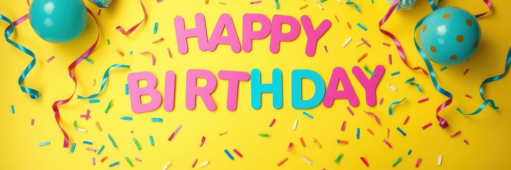 Bright pink and blue letters spell out happy birthday on a yellow background surrounded by colorful confetti and balloons, creating a cheerful celebration feel.