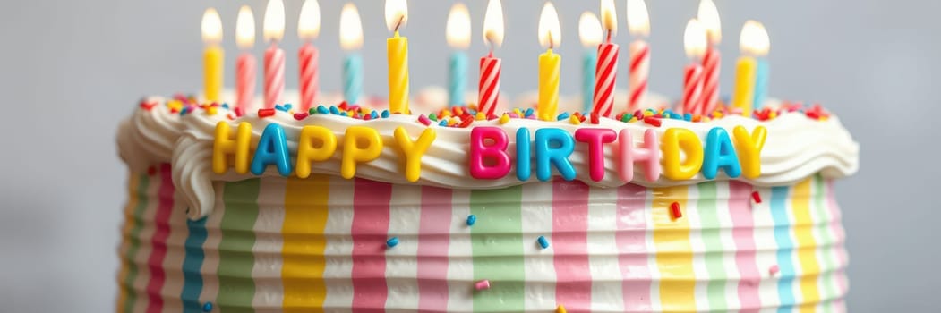 A vibrant birthday cake features colorful frosting, playful sprinkles, and brightly colored candles. It is set for a joyful celebration filled with laughter and happiness.