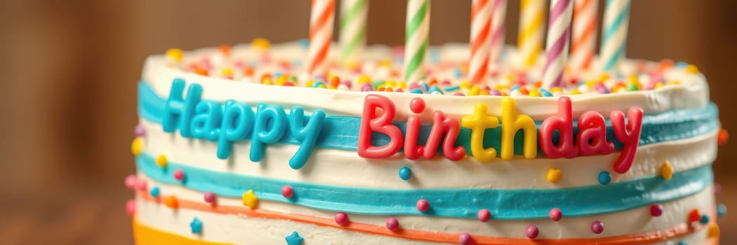A vibrant birthday cake features colorful frosting and playful decorations. Candles are placed on top, shining brightly among the festive sprinkles, signaling a joyful celebration occasion.