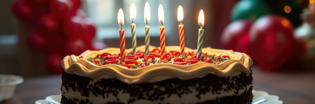 A beautifully decorated chocolate cake sits on a table, adorned with colorful candles. The atmosphere is festive, filled with red balloons and excitement for the birthday celebration.