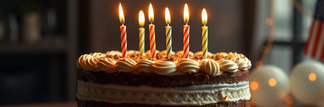 A delicious chocolate birthday cake features six brightly lit candles on top, adorned with cream icing and decorative toppings. Festive decor enhances the joyful atmosphere.