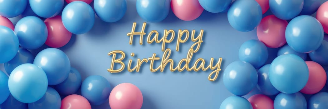 A vibrant arrangement of blue and pink balloons surrounds the cheerful message wishing a happy birthday, creating a festive atmosphere perfect for any celebration.
