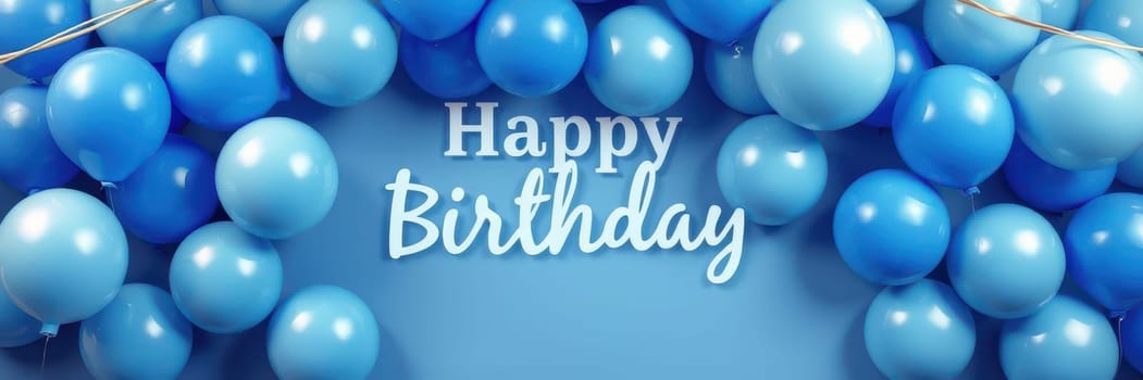 A vibrant arrangement of blue balloons forms a cheerful backdrop, announcing a birthday celebration. The bright decorations evoke feelings of happiness and festivity.