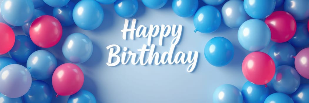 Bright blue and pink balloons fill the background, accompanied by a joyful birthday message, creating a vibrant and festive atmosphere perfect for celebrations.