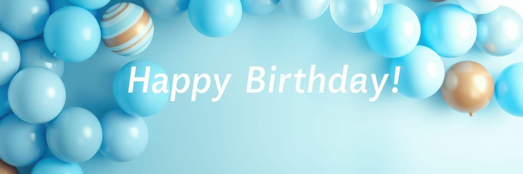 Colorful blue and gold balloons are arranged in a circular pattern, creating a festive atmosphere for a birthday celebration with a cheerful message displayed prominently.