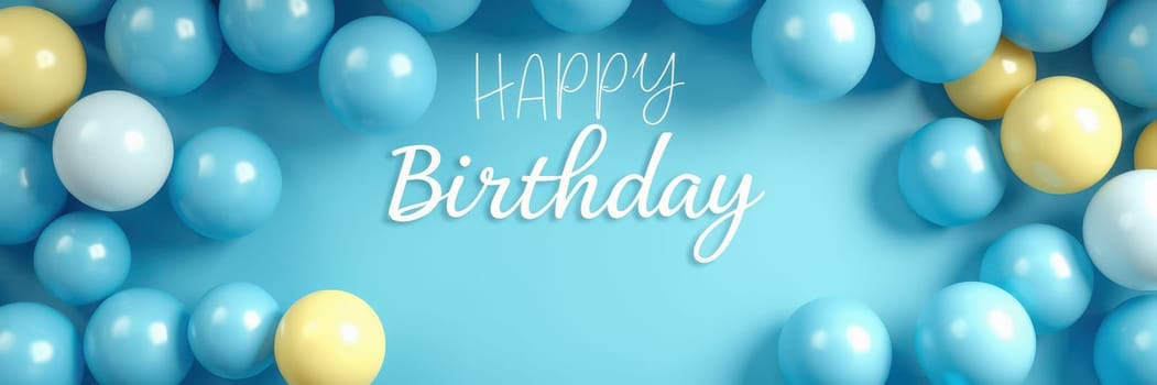 Colorful blue and yellow balloons surround a cheerful birthday message on a vibrant background. The arrangement creates a lively and festive atmosphere for a birthday celebration.