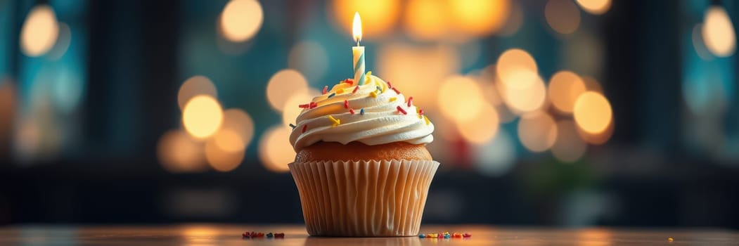 A beautifully decorated cupcake sits on a wooden table with a lit candle on top. Colorful sprinkles adorn the whipped icing, creating a warm, festive atmosphere all around.
