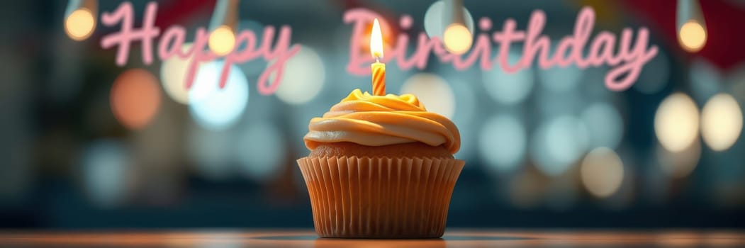 A beautifully crafted cupcake topped with frosting and a lit candle stands in a vibrant atmosphere, celebrating a special birthday occasion filled with joy and warmth.