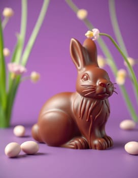 A chocolate rabbit is featured prominently with small eggs scattered around it, all set against a purple background. Green grass and white flowers enhance the springtime theme.