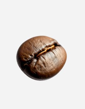 A roasted coffee bean sits in sharp focus, revealing its deep brown color and distinctive crack. The smooth surface and intricate details highlight the unique character of the bean.