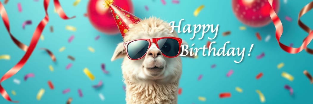 A cheerful llama wears red sunglasses and a festive party hat, surrounded by colorful balloons, confetti, and a cheerful birthday greeting, creating a fun atmosphere.