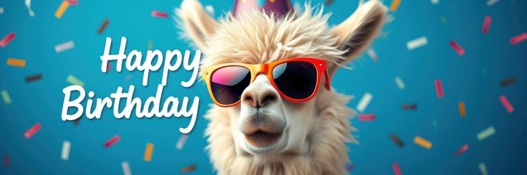 A cheerful llama dons bright sunglasses and a festive party hat while surrounded by vibrant confetti, embodying a playful birthday spirit in a joyful atmosphere.