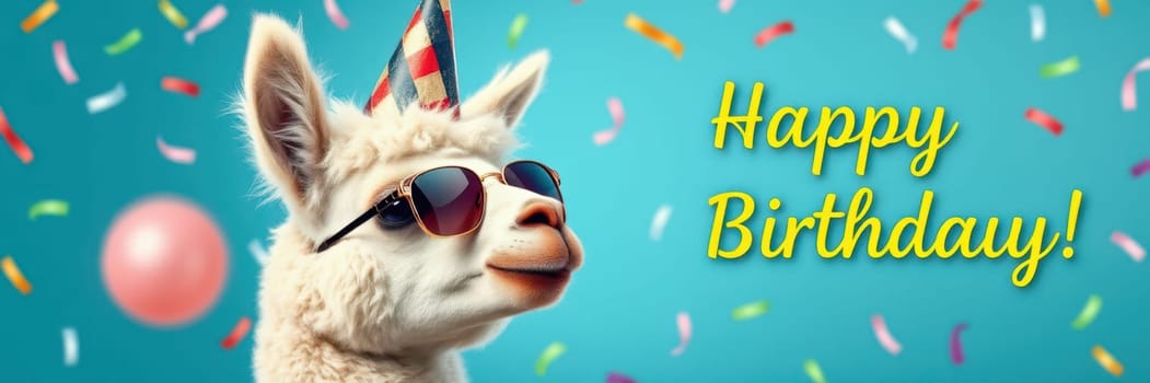A cheerful llama dons sunglasses and a colorful party hat, surrounded by vibrant confetti and a balloon, celebrating a joyful birthday occasion with festive flair.
