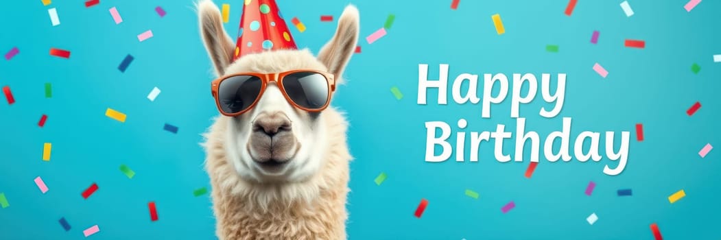 A cheerful llama adorned with a bright party hat and stylish sunglasses enjoys a birthday celebration, surrounded by colorful confetti in a vibrant setting.