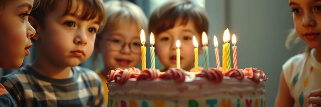 A group of young children eagerly watches a brightly decorated birthday cake with candles lit. The atmosphere is joyful and festive, filled with excitement.