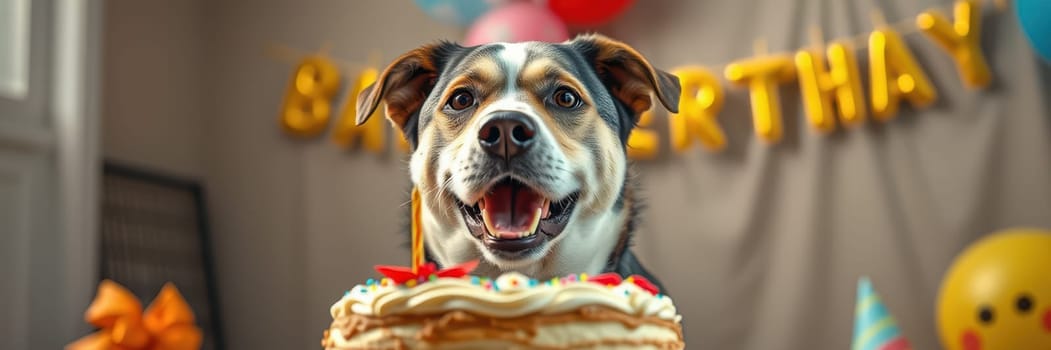 A cheerful dog with a big smile enjoys its birthday celebration. Colorful decorations surround the scene, where party hats and a delicious cake create a festive vibe.