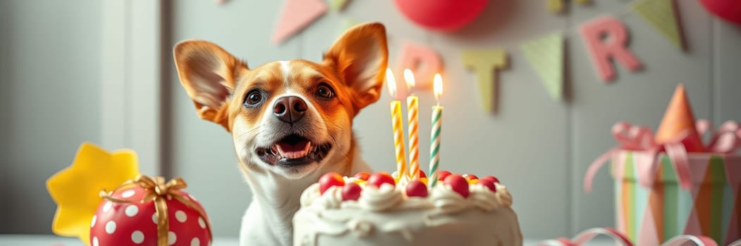 A cheerful dog sits in front of a birthday cake adorned with candles and decorations. Colorful party elements surround the happy pet, creating a joyful atmosphere of celebration.
