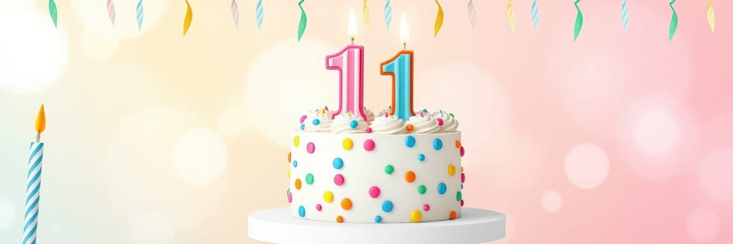A beautifully decorated cake with vibrant sprinkles sits on a white stand, featuring bright candles displaying the number eleven, perfect for a child's birthday celebration.
