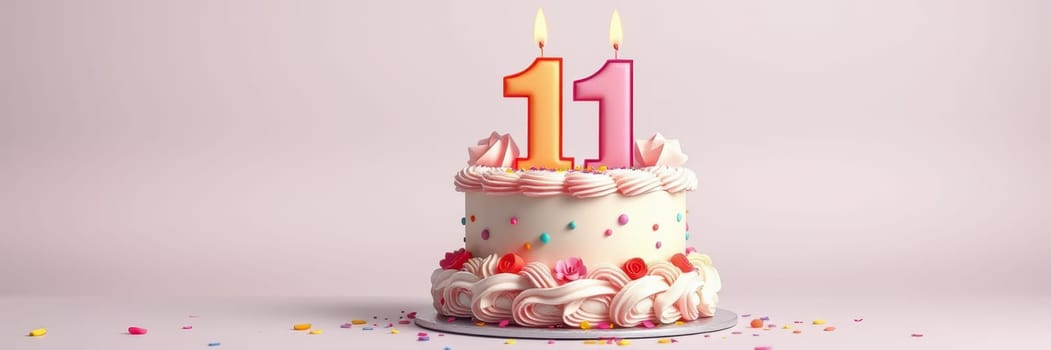 A beautifully decorated cake features bright candles displaying the number 11.