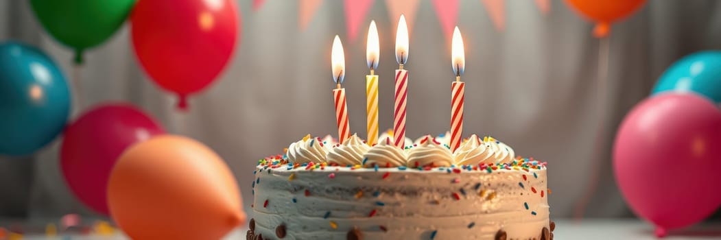 A beautifully decorated cake with four lit candles sits at the center of a vibrant birthday party. Surrounding the cake are colorful balloons and celebratory decorations, creating a joyful atmosphere.